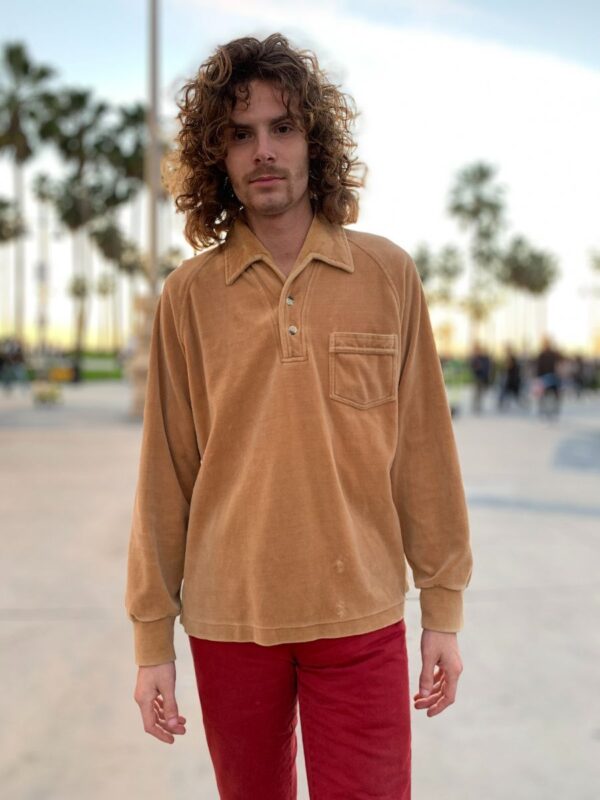 product details: AS IS VELOUR QUARTER BUTTON COLLARED SHIRT FRONT POCKET photo