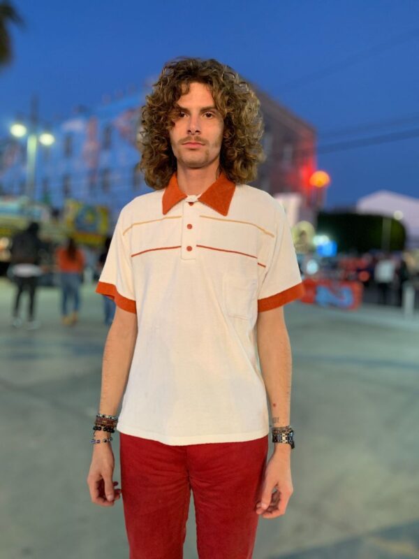 product details: AS-IS 1970S TERRY CLOTH SHORT SLEEVE QUARTER BUTTON UP COLLARED SHIRT FRONT POCKET photo