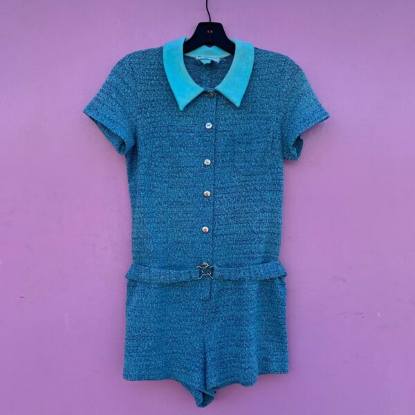 product details: HAND DYED 1970S KNITTED COLLARED ROMPER WITH SILVER BUTTONS WITH BELT ON BACK photo