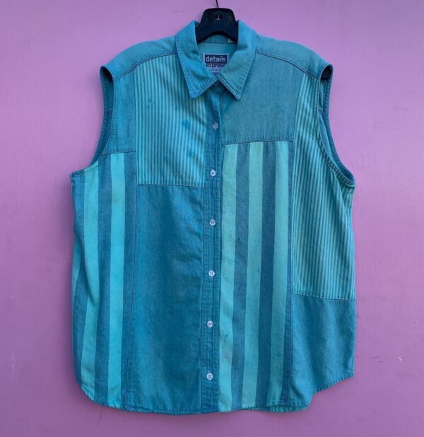 product details: 1990S STRIPED COLLARED PATCHWORK BUTTON DOWN CHAMBRAY DENIM SLEEVELESS TOP photo