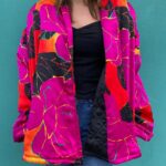 100% SILK TROPICAL FLORAL PRINT JACKET QUILTED LINING SHOULDER PADS