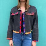 PLAID TRIMMED CROPPED BOXY FIT DENIM JACKET MISMATCHED BUTTONS EMBROIDERED ROSE BOW