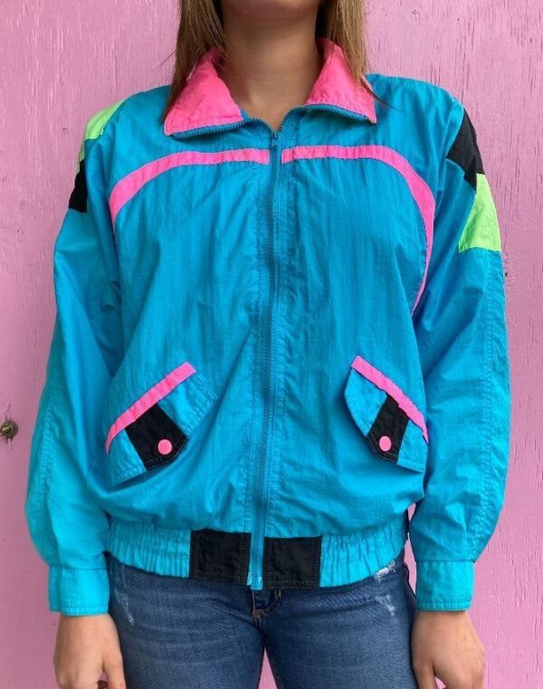 product details: AS IS 1980S NEON GEOMETRIC DESIGN ZIP UP WINDBREAKER FRONT POCKETS photo