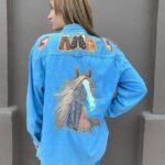CHAMBRAY LONG SLEEVE BUTTON UP WESTERN GLITTER DIAMOND AND HORSE GRAPHIC DETAILS