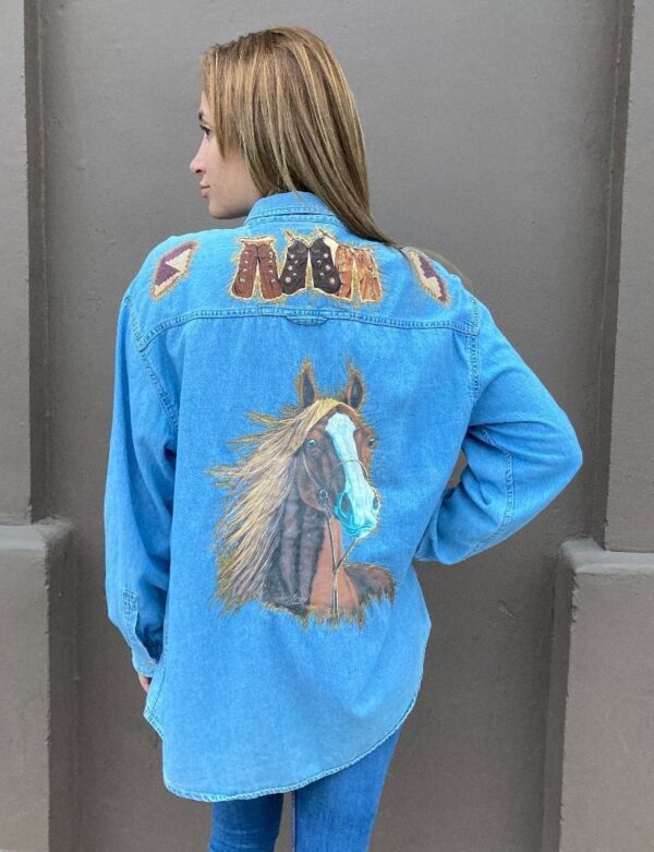 product details: CHAMBRAY LONG SLEEVE BUTTON UP WESTERN GLITTER DIAMOND AND HORSE GRAPHIC DETAILS photo