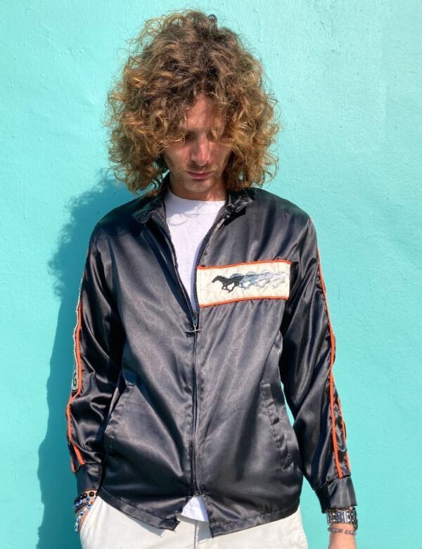 product details: SATIN ZIP UP RACING JACKET EMBROIDERED PATCH MUSTANG HORSE DETAILS photo