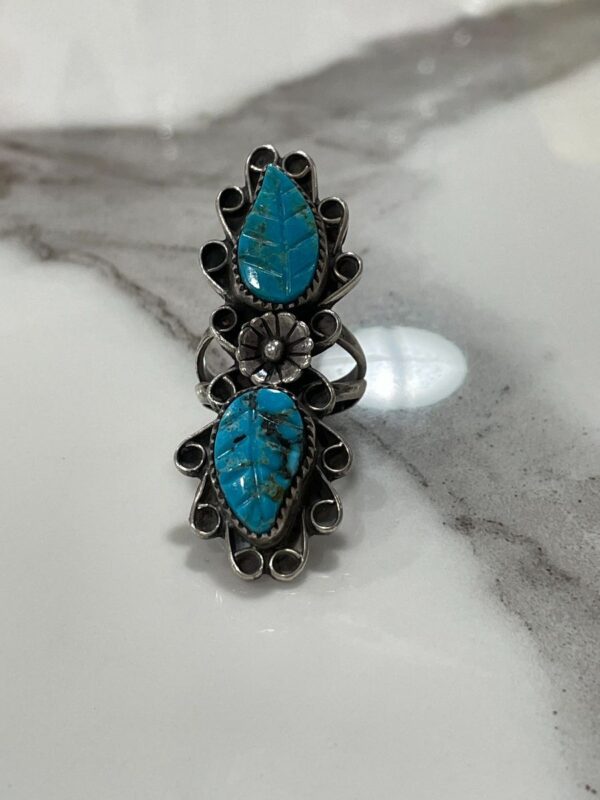 product details: DOUBLE CARVED TURQUOISE STONE LEAF ELONGATED RING photo