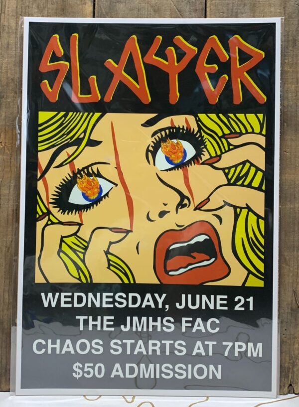 product details: SLAYER GRAPHIC POSTER GIRL EYES ON FIRE LIVE AT THE JMHS FAC photo