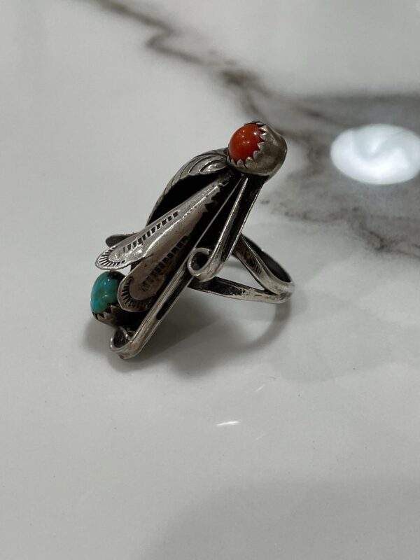 product details: NAJA DROP STERLING SILVER SETTING RING WITH TURQUOISE & CORAL STONES photo