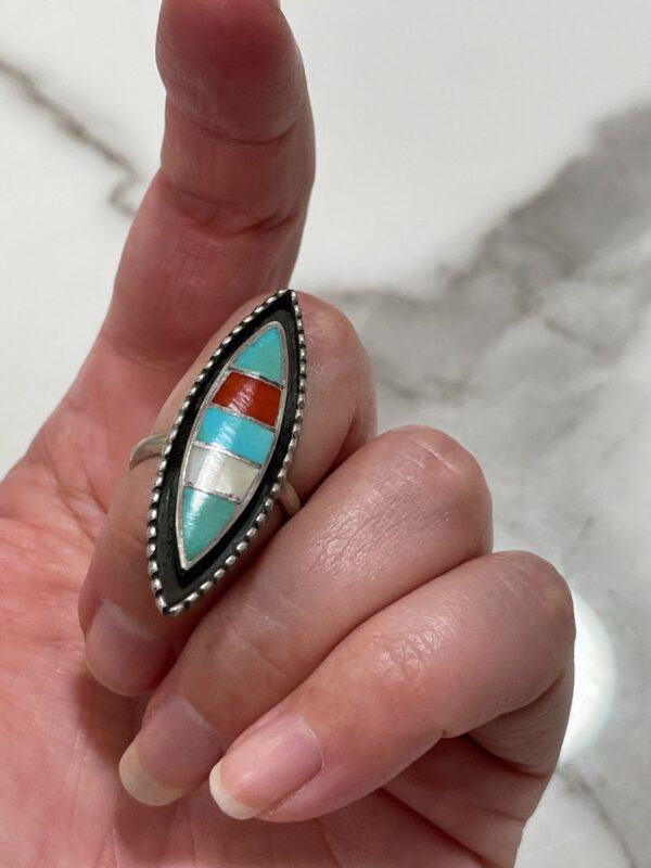 product details: ELONGATED INLAY TURQUOISE, CORAL & MOP STERLING SILVER RING *SIGNED photo