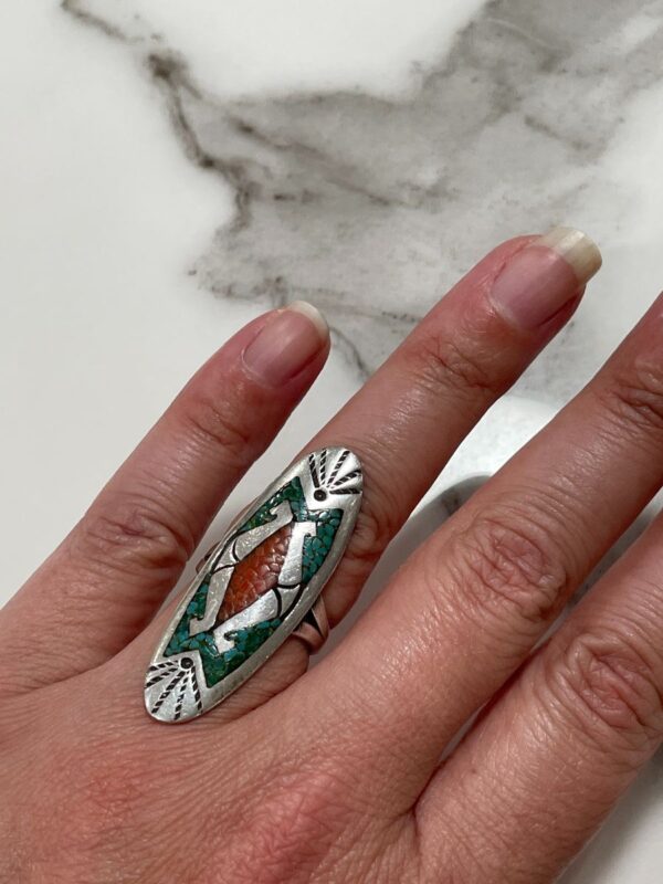 product details: CRUSHED TURQUOISE & CORAL ELONGATED STERLING SILVER RING *SIGNED J. NEZZIE photo