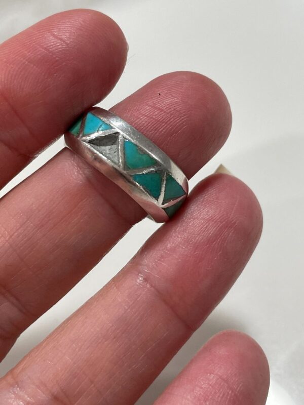 product details: AS-IS TURQUOISE TRIANGLE INLAY STERLING SILVER BAND RING photo