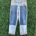 KILLER RETRO DENIM WORK WEAR JEANS WITH PLAID LINING AND PATCHWORK