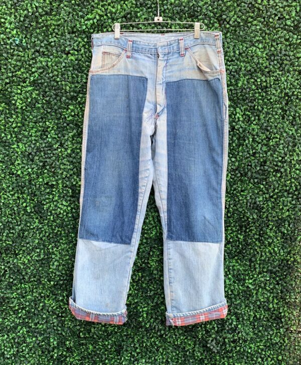 product details: KILLER RETRO DENIM WORK WEAR JEANS WITH PLAID LINING AND PATCHWORK photo