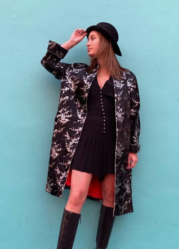 product details: METALLIC FLORAL EMBROIDERED KIMONO SATIN ROBE JACKET CONTRAST LINING photo