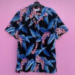 HAWAIIAN SHORT SLEEVE BUTTON UP SHIRT WITH BLUE LEAVES AND PINK FLOWERS