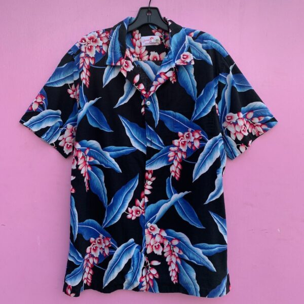 product details: HAWAIIAN SHORT SLEEVE BUTTON UP SHIRT WITH BLUE LEAVES AND PINK FLOWERS photo