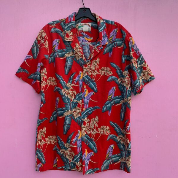 product details: HAWAIIAN SHORT SLEEVE BUTTON UP SHIRT WITH PURPLE PARROTS AND PALM LEAVES photo