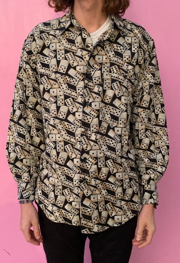 product details: 1990S DEADSTOCK LONG SLEEVE HEAVY SILK BUTTON UP DICE PRINT SHIRT photo
