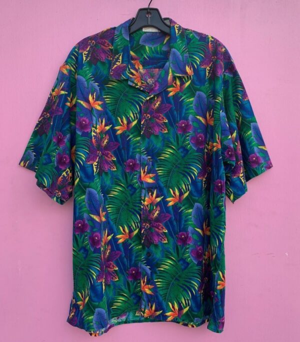 product details: HAWAIIAN SHORT SLEEVE BUTTON UP SHIRT WITH PURPLE FLOWERS photo