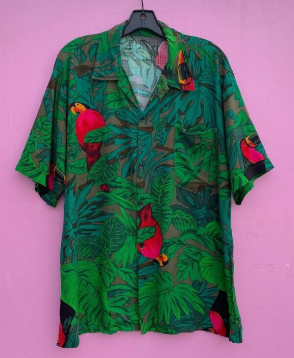 product details: AMAZING SLOUCHY BRUSHED RAYON HAWAIIAN SHORT SLEEVE BUTTON UP SHIRT WITH PLANTS AND PARROTS photo