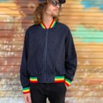 LIGHTWEIGHT DENIM STYLE ZIP UP JACKET WITH RASTA COLORED CUFFS AND COLLAR