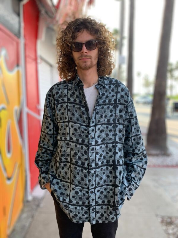product details: 1990S DEADSTOCK HEAVY SILK GRID AND POLKA DOT PRINT LONG SLEEVE BUTTON UP SHIRT photo