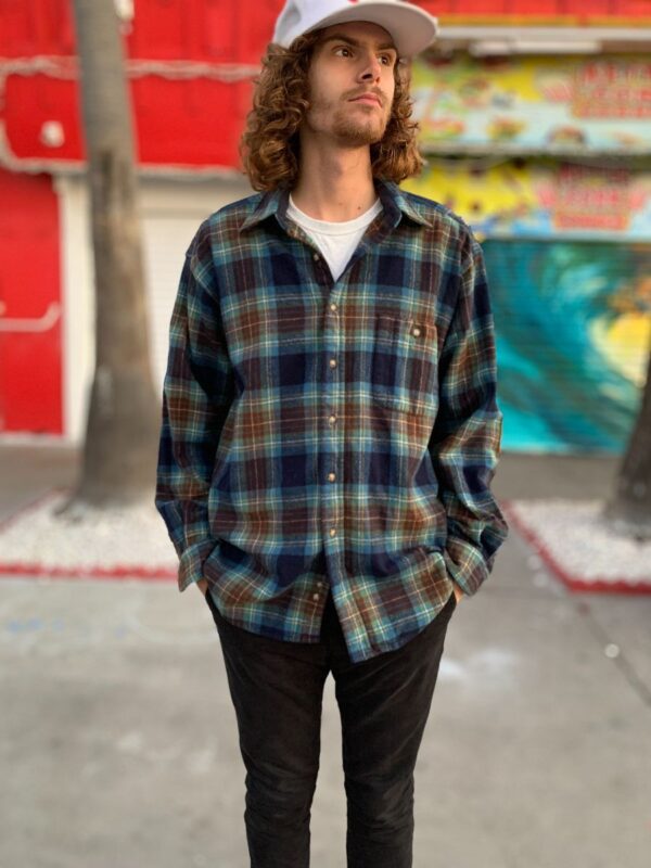 product details: AS-IS VINTAGE PENDLETON BLUE PLAID FLANNEL WITH SUEDE ELBOW PATCHES LONG SLEEVE SHIRT photo