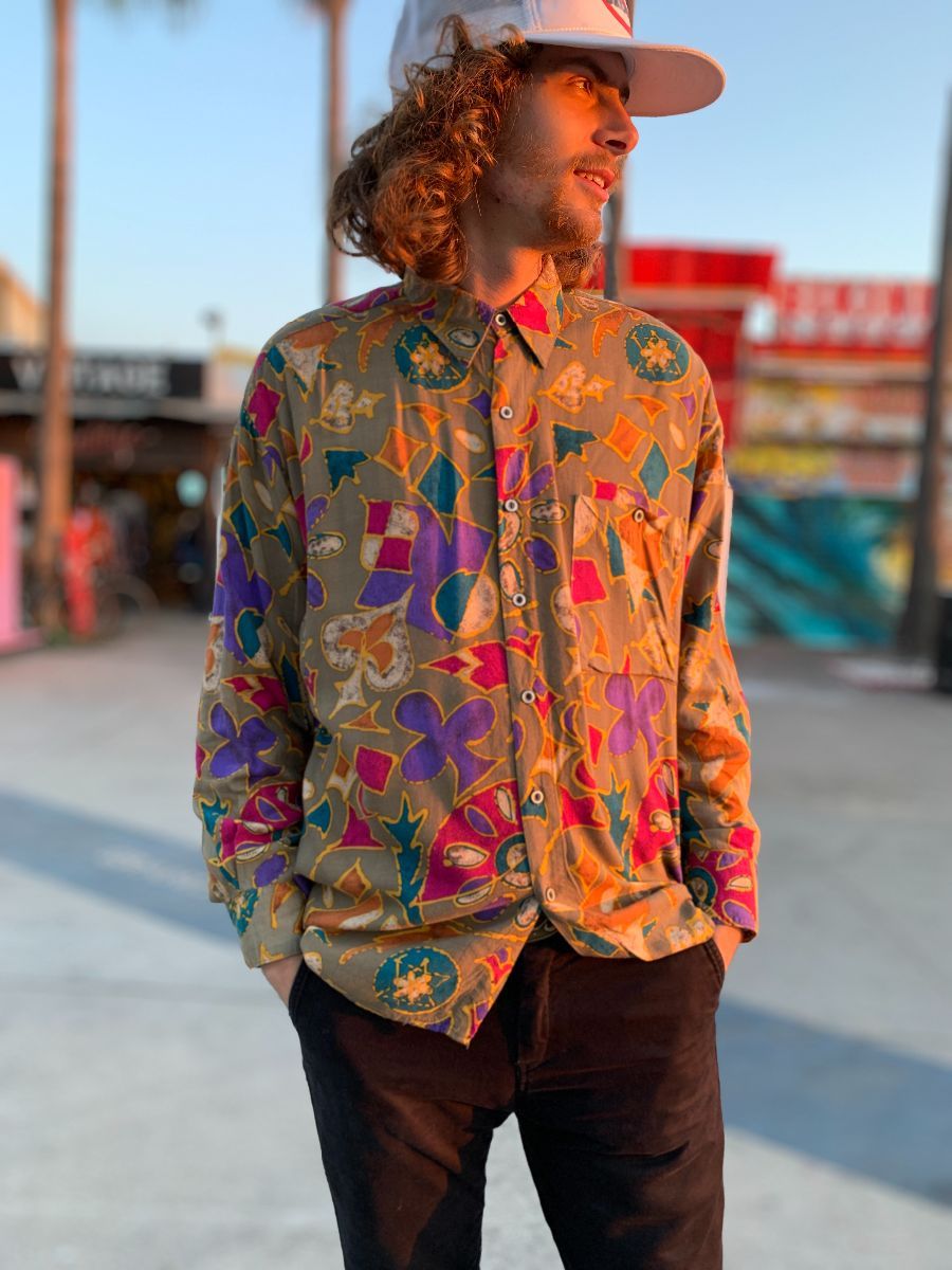 1990s Rayon Long Sleeve Button Up Shirt Multicolored Geometric Shapes Club  Spade Print