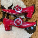 AS-IS RETRO RED PATENT LEATHER MARYJANE CHUNKY HEELED SANDALS WITH LARGE SILVER BUCKLE