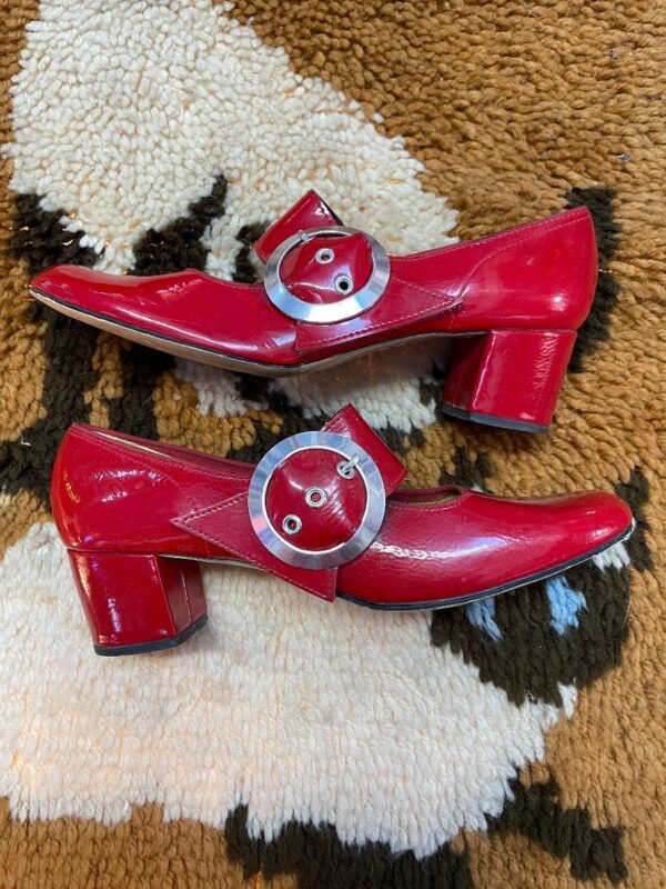 product details: AS-IS RETRO RED PATENT LEATHER MARYJANE CHUNKY HEELED SHOES WITH LARGE SILVER BUCKLE photo