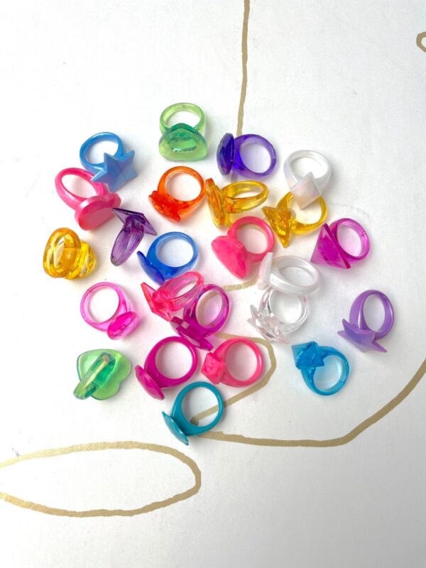 product details: FUN BRIGHT! GEOMETRIC COLORFUL CANDY CLEAR PLASTIC RINGS photo