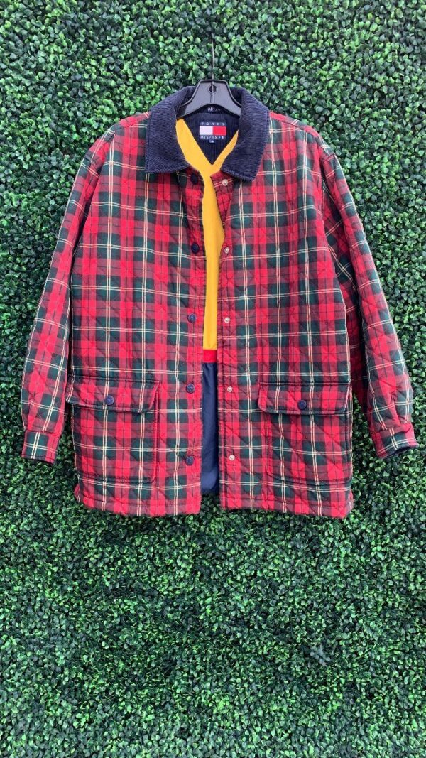 product details: 1990S TOMMY HILFIGER PLAID BUTTON DOWN JACKET WITH NYLON LINING AND CORDUROY COLLAR photo