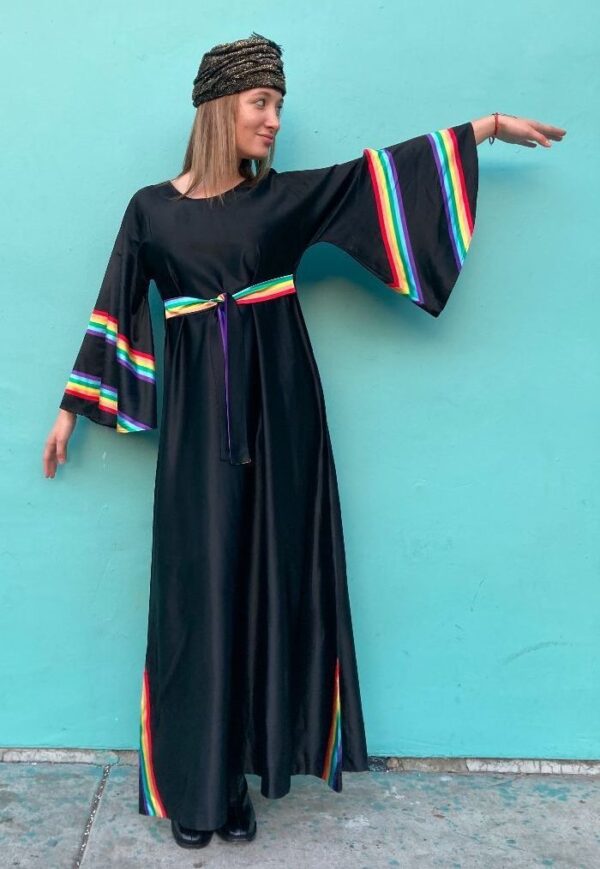 product details: AMAZING SELF TIE MAXI DRESS FLARE SLEEVES RAINBOW COLOR STRIPE DETAIL photo