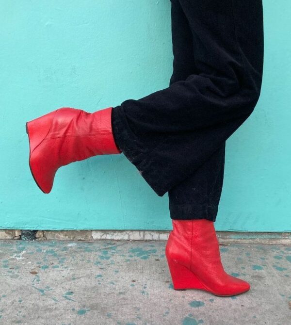 product details: AS IS LIPSTICK RED ROCKER POINTED TOE WEDGE BOOTIES MADE IN ITALY photo