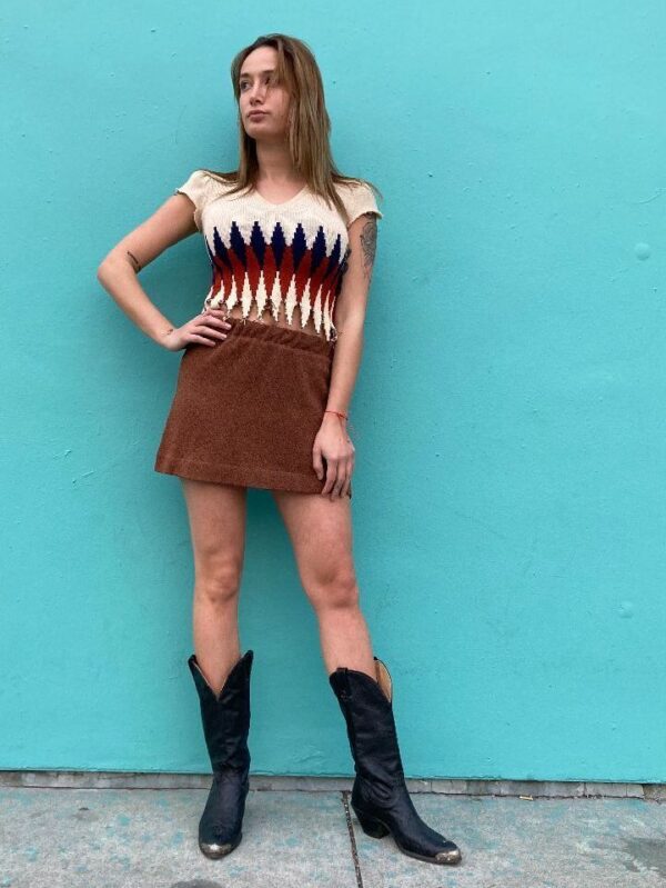 product details: RECONSTRUCTED 2 PIECE GEOMETRIC IKAT PATTERN KNIT TOP & SKIRT SET AS-IS photo