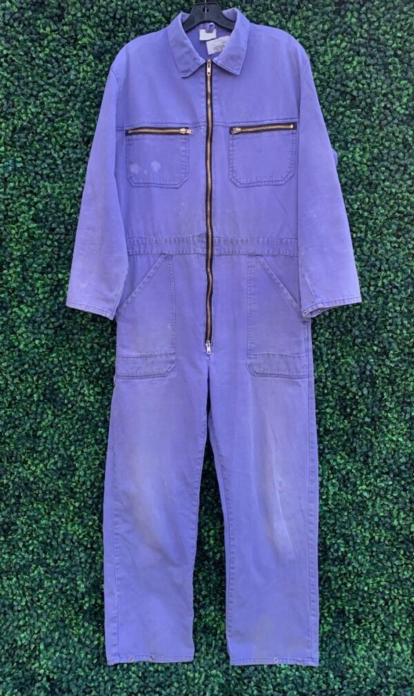 product details: SUPER FADED INDIGO FRENCH COTTON WORKWEAR JUMPSUIT FULL ZIP *REPAIRS *RUST MARKINGS photo