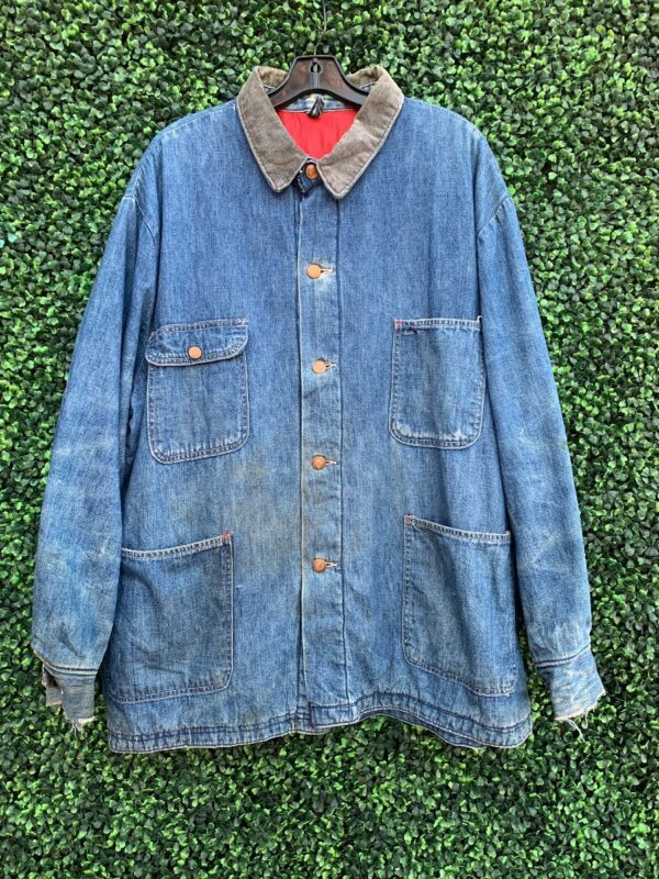 product details: SUPER SOFT AND DISTRESSED DENIM CHORE JACKET WITH CORDUROY COLLAR FULLY LINED photo