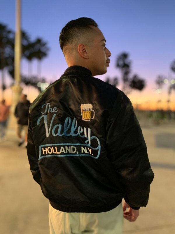 product details: SUPER FUN EMBROIDERED THE VALLEY PUB HOLLAND, NY SATIN BOMBER JACKET photo