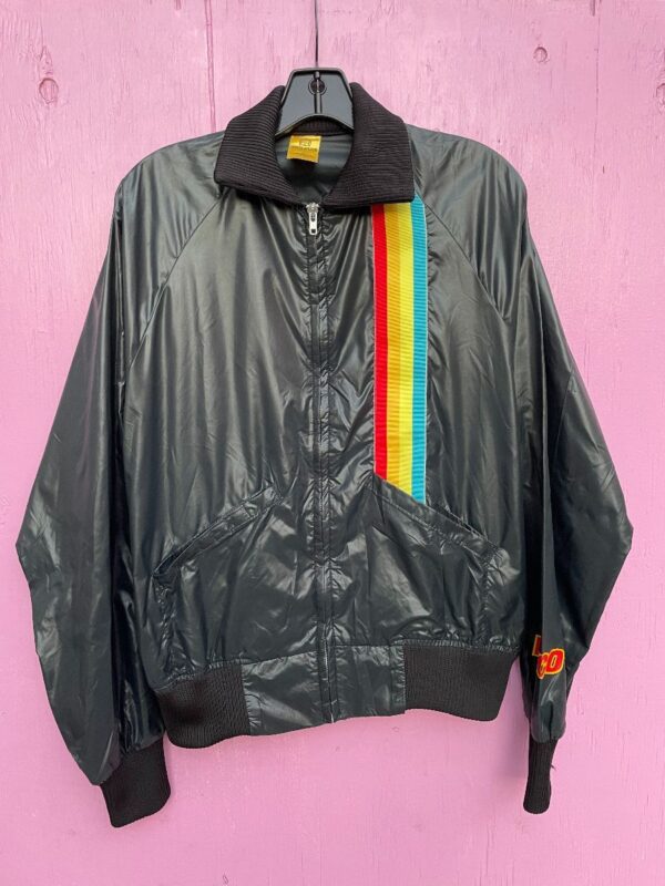 product details: SUPER RETRO 1970S RACING WINDBREAKER WITH VERTICAL RAINBOW STRIPES photo