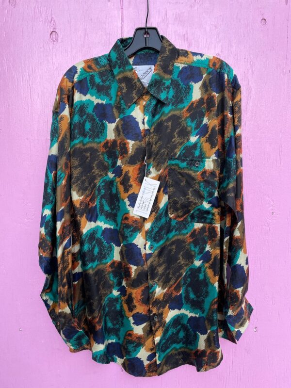 product details: DEADSTOCK 100% SILK BRUSH STROKE PRINT LONG SLEEVE BUTTON UP SHIRT NWT photo