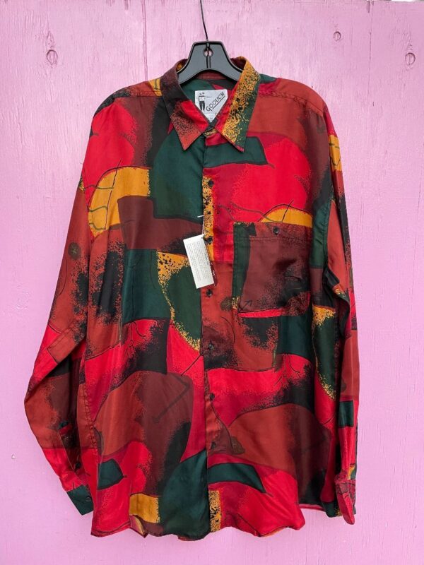 product details: 1990S DEADSTOCK ABSTRACT PICCASO STYLE PRINT SILK LONG SLEEVE BUTTON UP SHIRT NWT photo