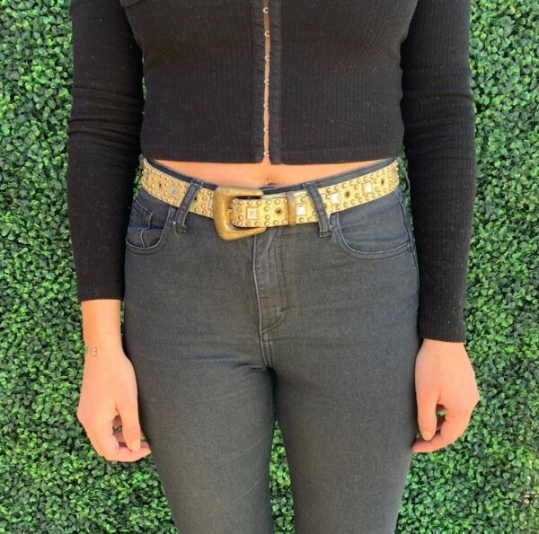 product details: AWESOME 1980S NARROW CUT METALLIC GOLD LEATHER BELT FULLY STUDDED & RHINESTONES photo