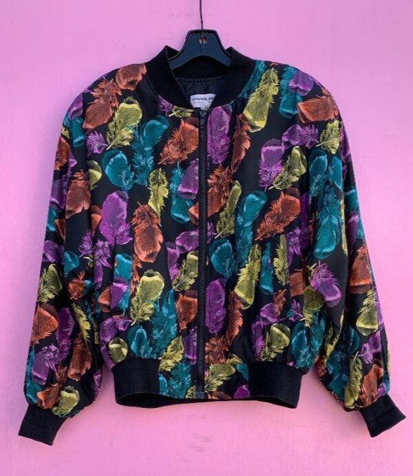 product details: VERY COOL ALLOVER FEATHER PRINT SILK ZIPUP BOMBER JACKET photo