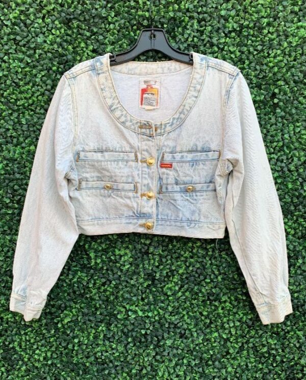 product details: 1980S SUPER CROPPED BLEACHED WASH COLLARLESS DENIM JACKET photo