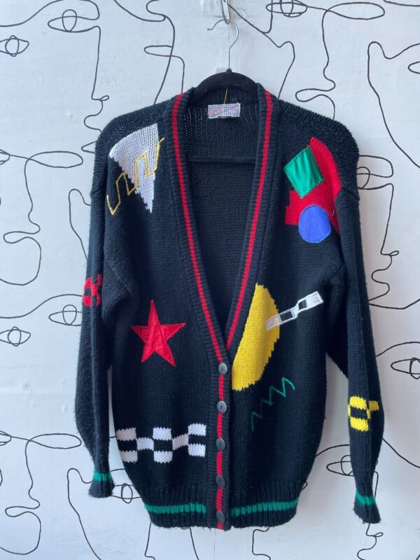 product details: 1980S COLORFUL GEOMETRIC DESIGN BUTTON UP CARDIGAN SWEATER photo