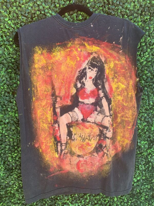 product details: SLEEVELESS THE CRAMPS TWO MONSTER FACES W/ GIRL ON DRUMS ON BACK HANDPAINTED T-SHIRT photo