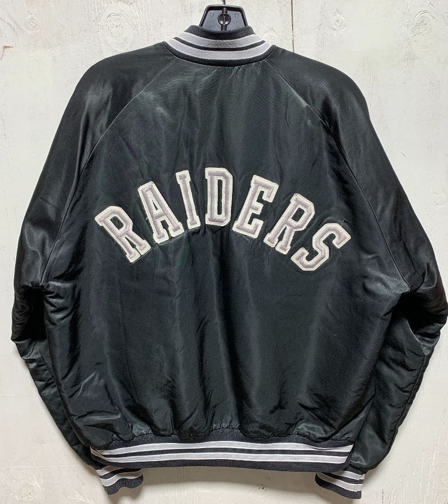 NFL LOS ANGELES RAIDERS SATIN BUTTON UP JACKET W/ SPELLOUT