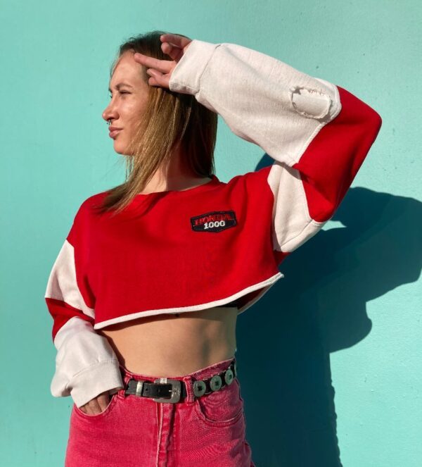 product details: CUSTOM CROPPED LONG SLEEVE COLOR BLOCK SWEATER WITH HONDA PATCH *RECONSTRUCTED* photo