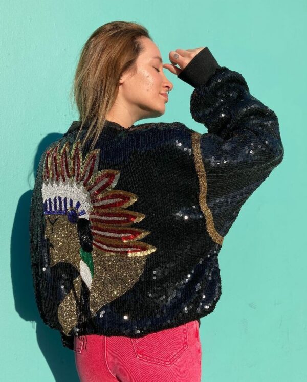 product details: STUNNING & RARE 1980S-90S FULLY SEQUINED & BEADED NATIVE HEADDRESS DESIGN ZIP UP BOMBER JACKET SILK LINED photo